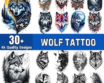 30+ Wolf Tattoo Designs | Wolf Cliparts | Digital Tattoo Bundle for Men & Women | PNG Wolf Art