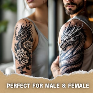 May include: Black and white temporary tattoo of a dragon with roses on its body. The tattoo is shown on a person's upper arm.