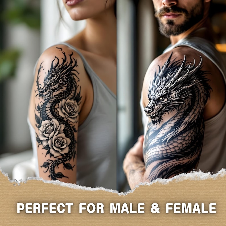 May include: Black and white temporary tattoo of a dragon with roses on its body. The tattoo is shown on a person's upper arm.