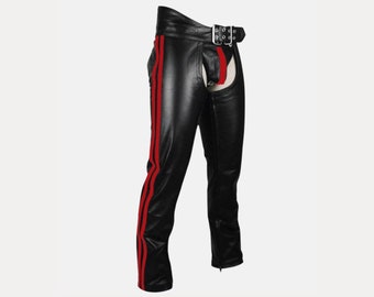 Herren Schwarz Leder Biker Chaps mit roten Streifen