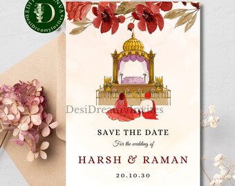 Modèle numérique d'invitation de mariage sikh Ensemble d'invitations Anand Karaj floral rouge Cartes de mariage pendjabi modifiables Carte de mariage sikh Canva