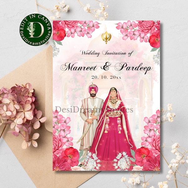 Anand Karaj invitation template set Digital Sikh wedding invitation cards Editable Punjabi wedding card Sikh wedding invitation cards Canva