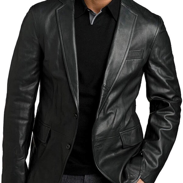 Men's Lambskin Blazer , Real Leather Blazer , TWO BUTTON Coat , Black Soft Leather Jacket . Men's Leather Blazer