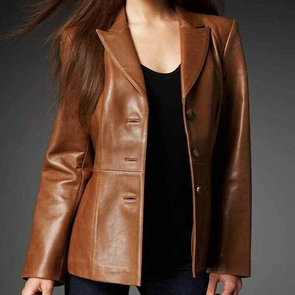 Leather blazer for women's genuine lambskin leather handmade blazer single breasted formal wear slim fit Tan blazer