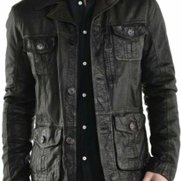 Wrinkle Biker Motorcycle Vintage Black Cafe Racer Men Lamb Leather Jacket Coat