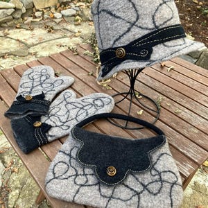 SOLAMENTE POR ENCARGO Un elegante conjunto hecho a mano en los colores que elijas, completo con gorro, guantes y bolso. Fieltro húmedo y bordado.