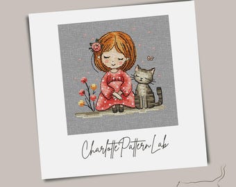 Un momento di pace: schema a punto croce per ragazza e gatto - disegno dell'amicizia, ragazza e gatto sereni - ricamo di momenti accoglienti, racconto di ricamo