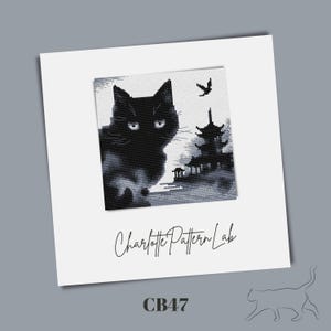 May include: Cross-stitch pattern featuring a black cat with piercing eyes, set against a backdrop of a Japanese pagoda and a flying bird. The text "Charlotte Pattern Lab" and "CB47" are also visible.