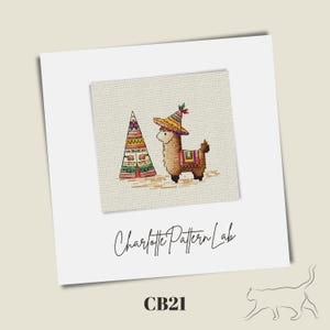 May include: Cross-stitch pattern featuring a brown llama wearing a colorful hat and blanket, standing next to a decorated teepee. The text "Charlotte Pattern Lab" and "CB21" are also visible.
