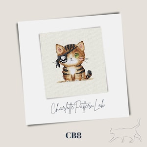 May include: A cross-stitch pattern of a cute cartoon cat wearing an eye patch and a pirate hat. The pattern is titled "CB8" and is from Charlotte Pattern Lab.