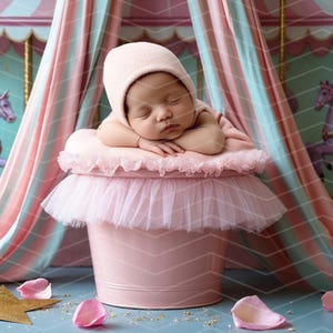Può includere: Un bambino addormentato che indossa un cappello rosa è rannicchiato in un secchio rosa con una gonna di tulle. Il secchio è appoggiato su una superficie blu con glitter dorati e petali di fiori rosa.