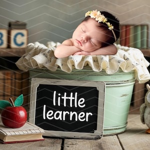 Puede incluir: Un bebé con una corona de flores duerme en un cubo verde con un ribete de encaje blanco. Un letrero de pizarra dice "pequeño aprendiz" y una manzana roja se encuentra sobre un libro.