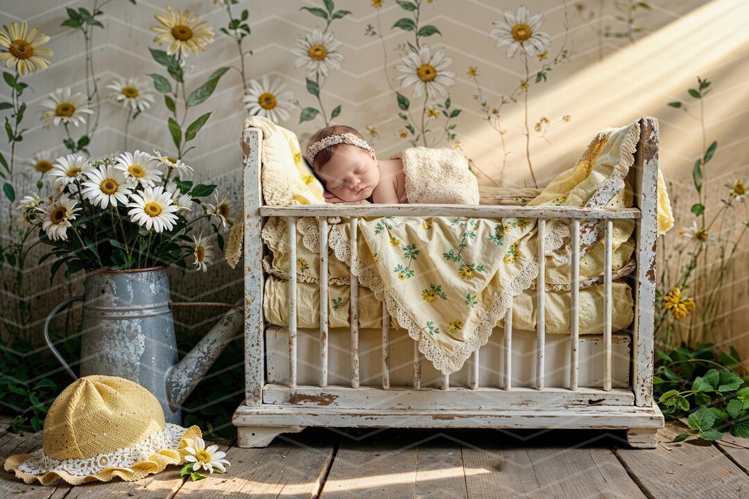 Newborn Digital Backdrop With Vintage Crib and Daisies | Baby Girl ...