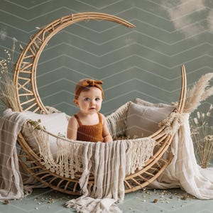 Boho Rattan Crescent Moon Baby Photography Backdrop – Earthy Neutral Studio Scene