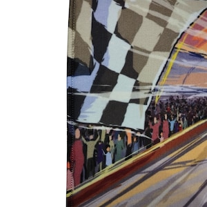 May include: A colorful painting of a checkered flag waving in the air, with a crowd of people cheering in the background. The painting is done in a stylized, abstract style, with bold colors and brushstrokes.
