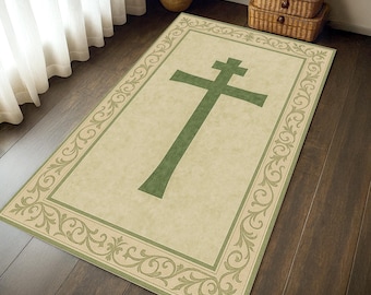 Christian Prayer Rug: Cross & Floral Design, Soft Worship Mat