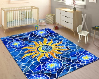 Tapis soleil et lune, tapis astrologie, tapis céleste, tapis nuit étoilée, tapis à motif mosaïque, tapis moderne pour chambre d'enfant, tapis bleu, cadeau personnalisé