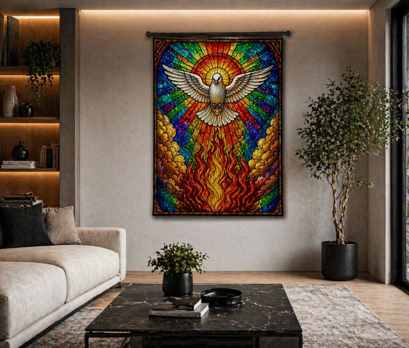 Holy Spirit Dove Wall Tapestry, Stained Glass Rainbow Art, Christian ...