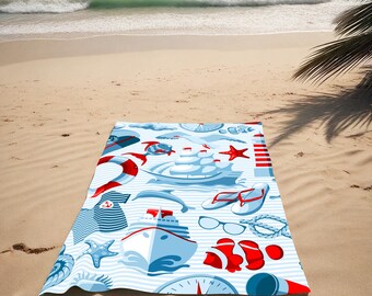 Seashell Beach Towel: Blue Nautical Design, Vacation Gift