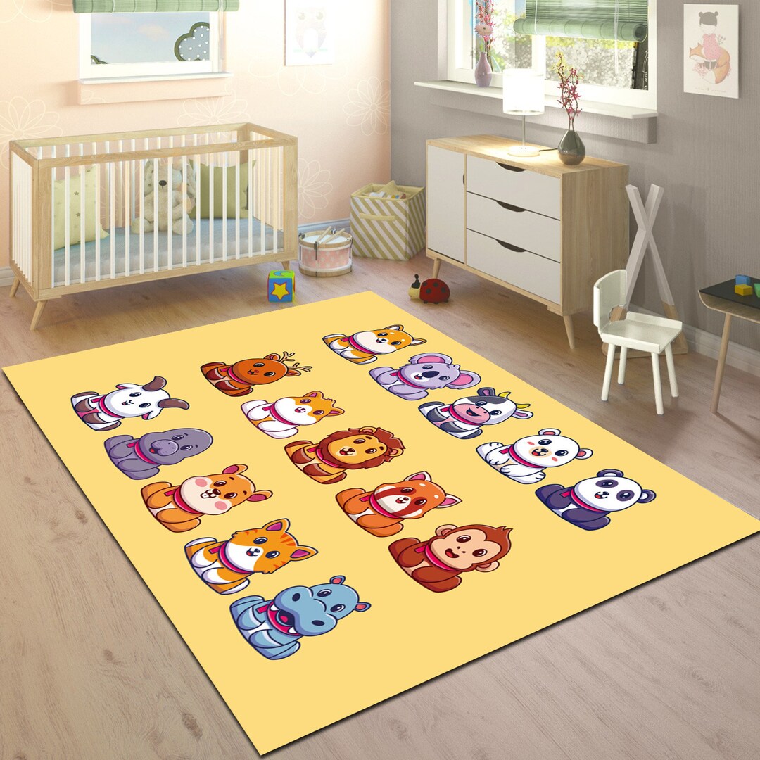 Cute Animals Rug,yellow Nursery Rug,lion Carpet,cow Carpet,tiny Animal ...
