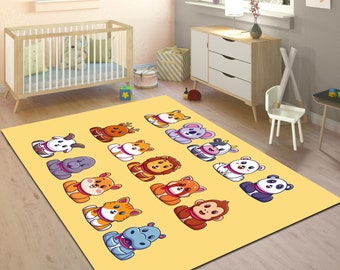 Cute Animals Rug,Yellow Nursery Rug,Lion Carpet,Cow Carpet,Tiny Animal Print,Kids Room Rug,Kindergarten Carpet,Monkey Rug,Personalizable Rug