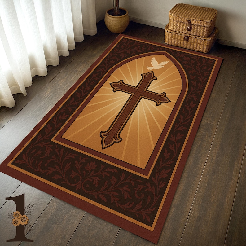 May include: A rectangular rug featuring a brown cross within a golden arch, with a white dove at the top. The design includes a radiating light effect and a dark brown floral border. The rug is placed on a wooden floor.