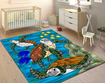 Turtle Ocean Rug: Personalized Sea Life Nursery Decor