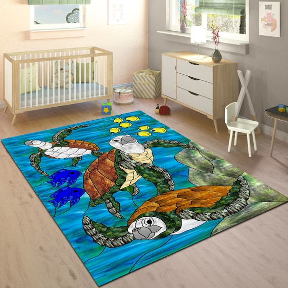 Turtle Ocean Rug: Personalized Sea Life Nursery Decor