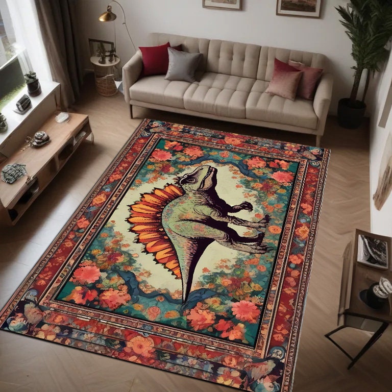 Dinosaur Area Rug: Nordic Rustic Style, Black Damask Motif - Etsy