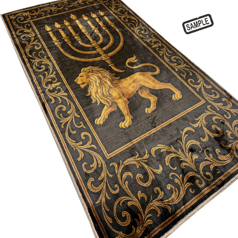 Judaica Rug Lion of Judah Prayer Rug: Menorah, Star of David - Judaica Home Decor ...