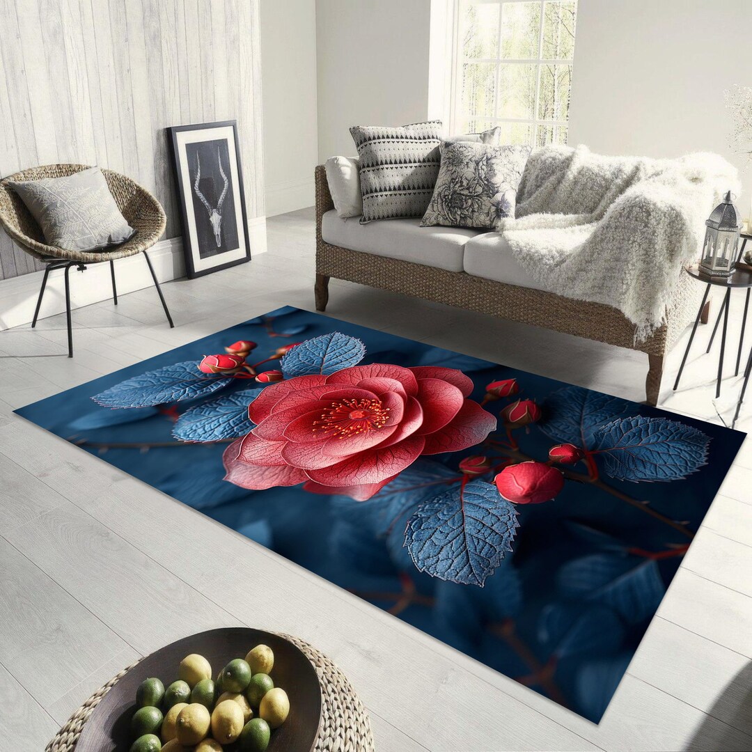 Vintage Rose Floral Rug: Red Blossom Area Carpet - Etsy