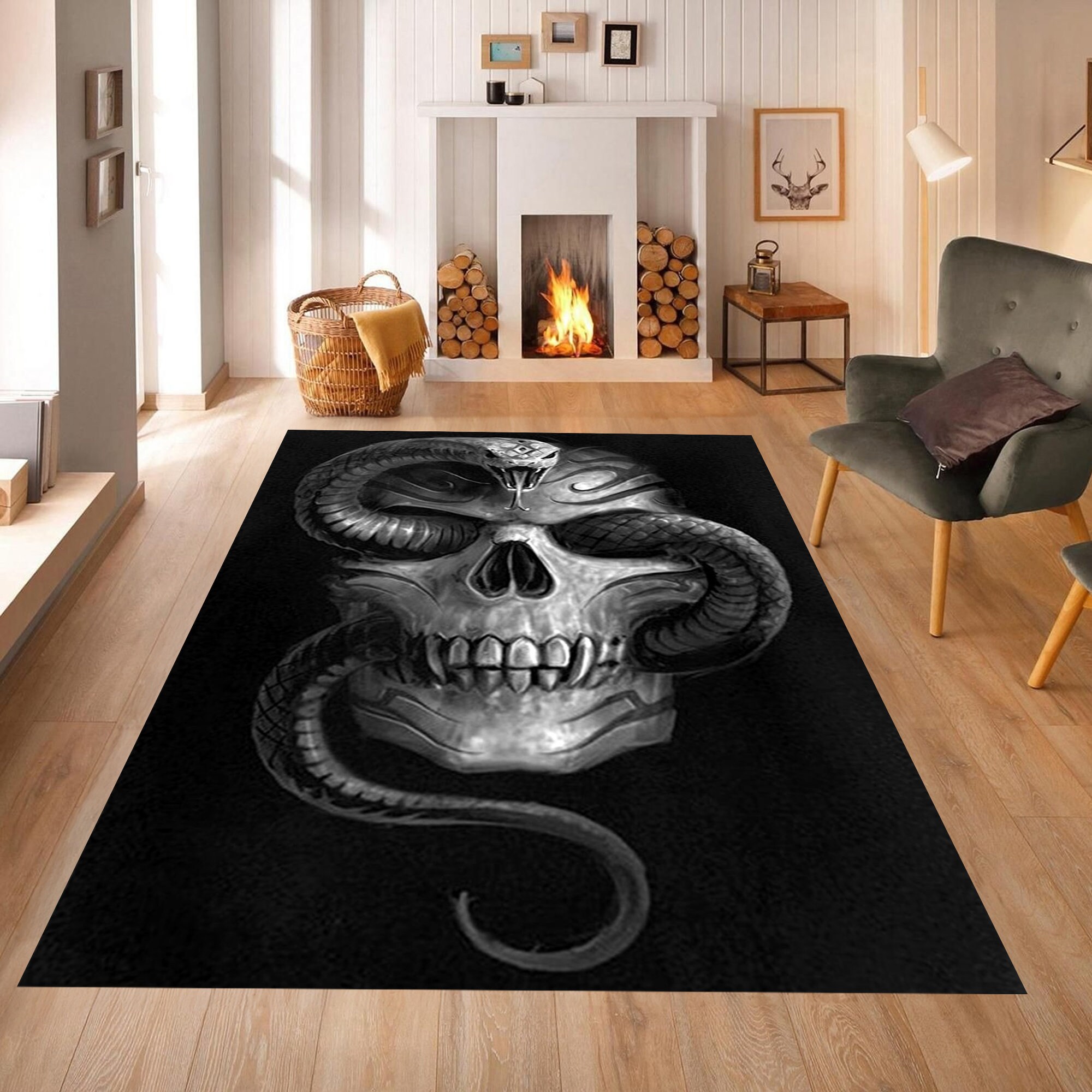 Discover Skull Rug,Spooky Art Print,Ghost Rug,Spooky Rug,Creepy Rug,Black Snake Rug,Gothic Carpet,Monster Carpet,Unique Pattern Rug,Skull,Snake Rug