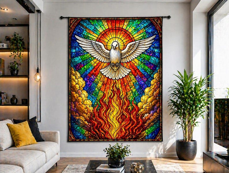 Holy Spirit Dove Wall Tapestry, Stained Glass Rainbow Art, Christian ...