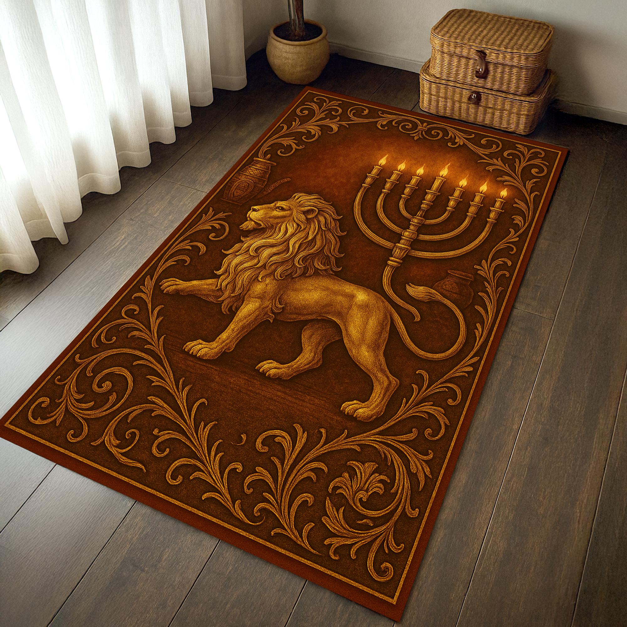 Judaica Rug Lion of Judah Prayer Rug: Menorah, Star of David, Floral Judaica Decor ...