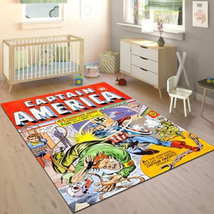 Tappeto Capitan America, tappeto Supereroe, tappeto Fumetti, tappeto Salvatore, tappeto Rivista, tappeto per cameretta ragazzi, tappeto Cartone animato, tappeto Pop Art, tappeto Fumetti Capitan America