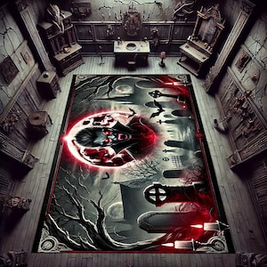 Puede incluir: Una alfombra de temática gótica oscura con un esquema de color rojo y negro. La alfombra presenta un vampiro con ojos rojos brillantes, un cementerio y una luna llena.