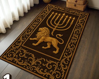 Lion of Judah Prayer Rug: Menorah, Star of David - Judaica Home Decor