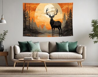 Majestic Deer Forest Wall Tapestry, Stag Sunset Landscape Poster, Wildlife Nature Wall Hanging, Rustic Cabin Decor