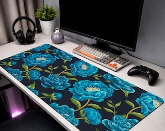 Floral Mouse Pad, Aesthetic Desk Mat, Peony Flower Desk Mat, Pink Blue Flower Mousepad, XL Gaming Mouse Pad, Cute Desk Setup