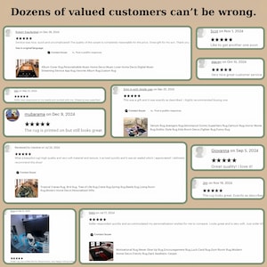 May include: Image featuring customer reviews with star ratings and comments. The reviews mention rug quality, service, and personalization. Text at the top reads "Dozens of valued customers can't be wrong."