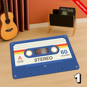 Classic Audio Tape Area Rug,Old School Cassette Print Rug,Blue Retro Cassette Throw Rug