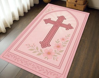 Christian Prayer Rug: Floral Cross Design, Catholic Gift