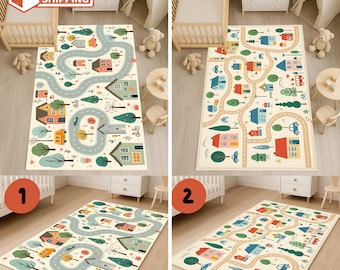 May include: Playroom rug featuring a town scene with roads, houses, trees, and vehicles. The rug has a beige background with colorful illustrations of a town layout. The design includes a winding road, houses, and various vehicles.