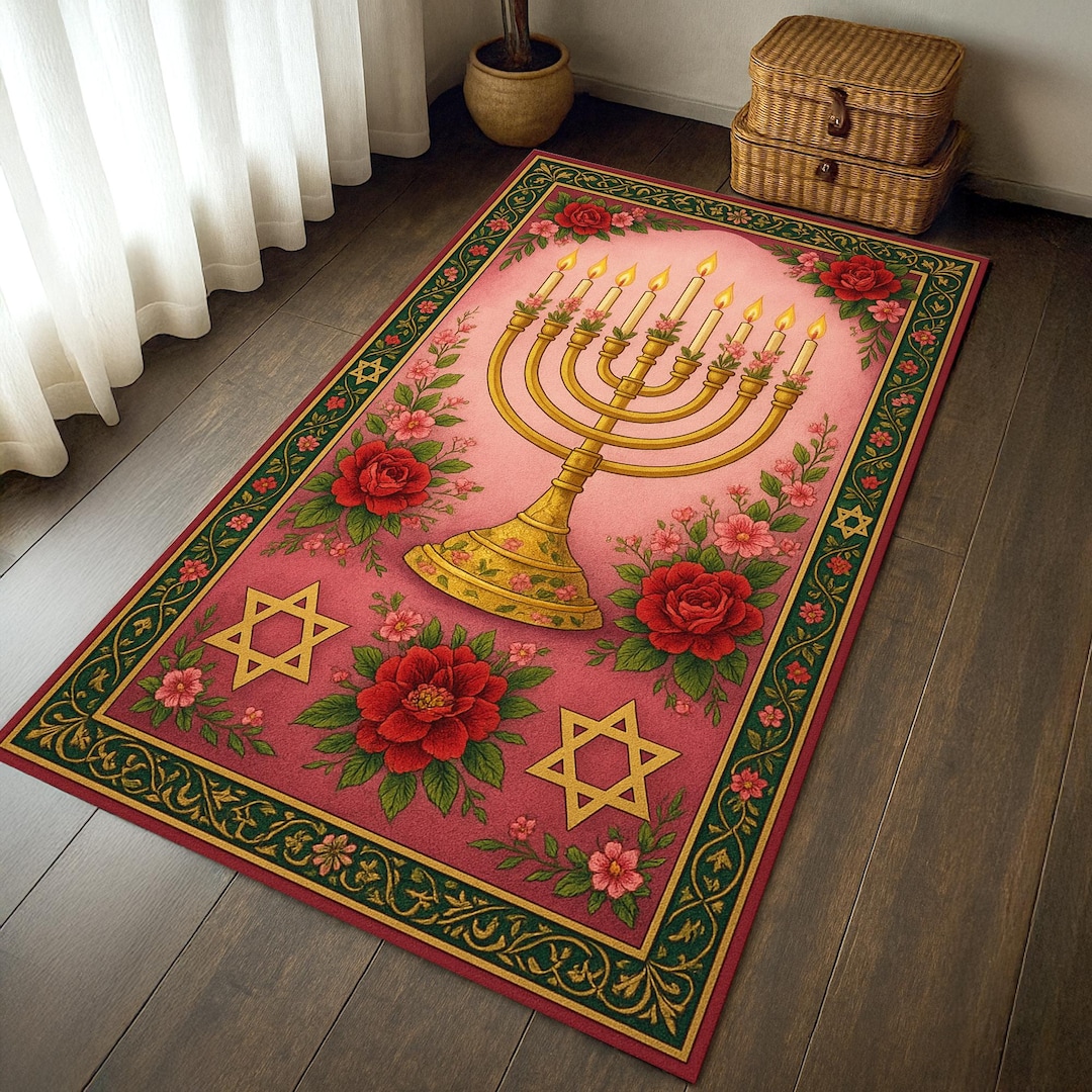 Judaica Rug Jewish Prayer Rug: Menorah & Star of David Mat, Hanukkah Decor - Etsy