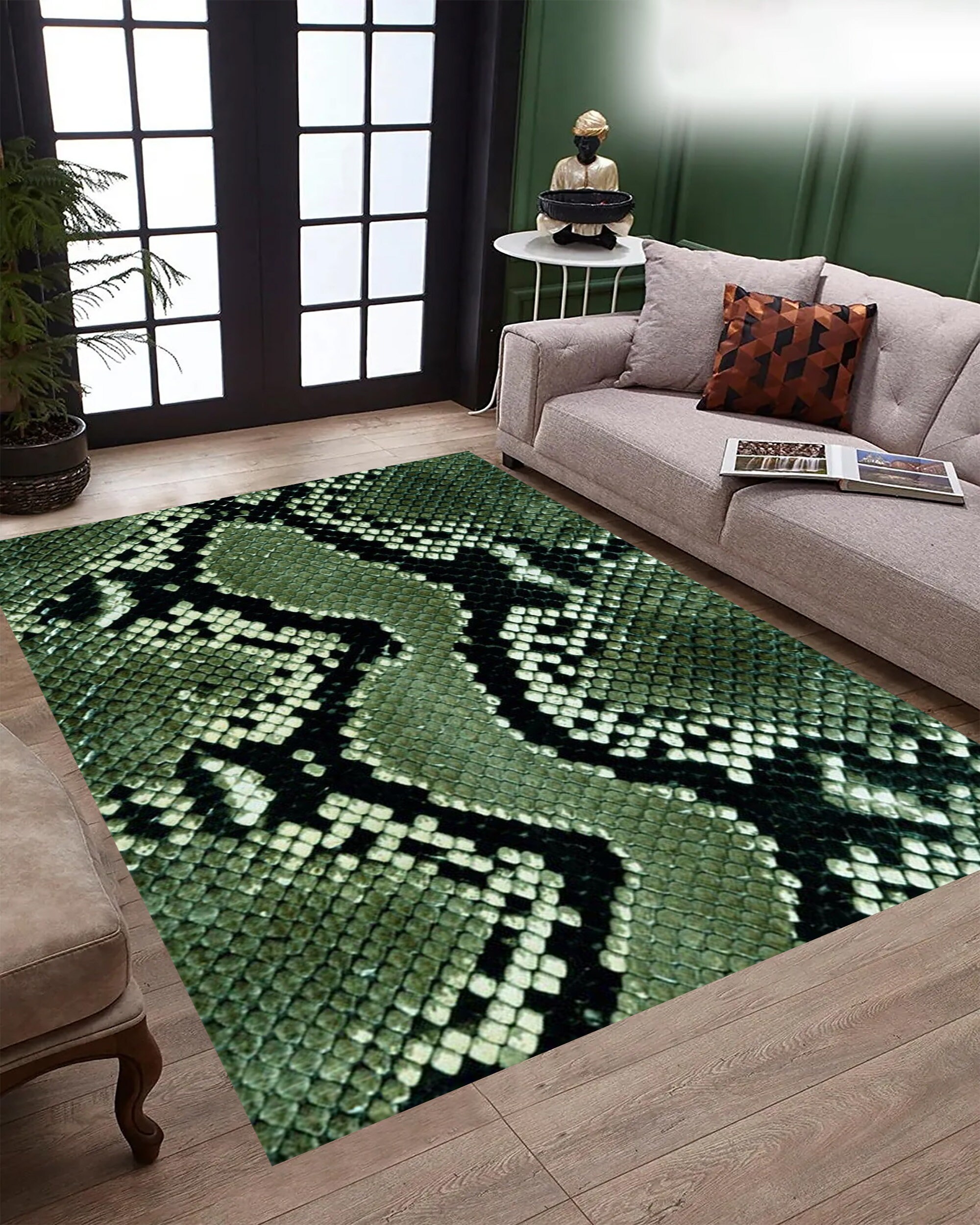 Green Snakeskin Print Rug: Faux Leather Animal Pattern 