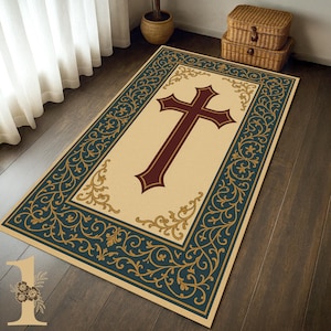 Christian Prayer Rug: Cross & Floral Design, Soft Christian Mat