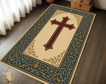 Christian Prayer Rug: Cross & Floral Design, Soft Christian Mat