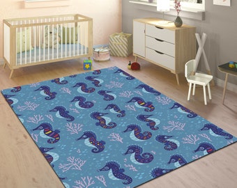 Seepferdchen Teppich,Küstenteppich,Unter Dem Meer Teppich,Ozean Teppich,Blauer Teppich,Kinderzimmer Teppich,Seenschildkröte,Personalisiertes Geschenk,Meeresteppich