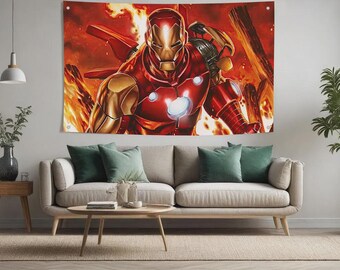 Iron Man Superhero Wall Tapestry, Iron Man Action Poster, Comic Style Hero Wall Hanging, Superhero Bedroom Decor