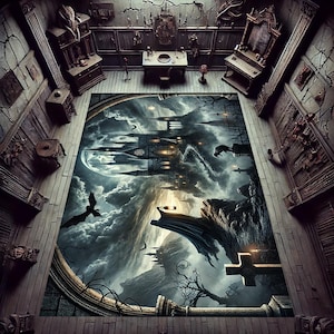 Puede incluir: Una alfombra de temática gótica oscura con una ilustración detallada de un castillo, una luna y una figura con una capa. La alfombra está colocada en una habitación con suelo y paredes de madera.